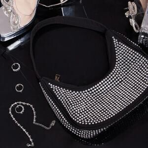 NWT PrettyLittleThing Black Diamante Stud Curved Shoulder Bag